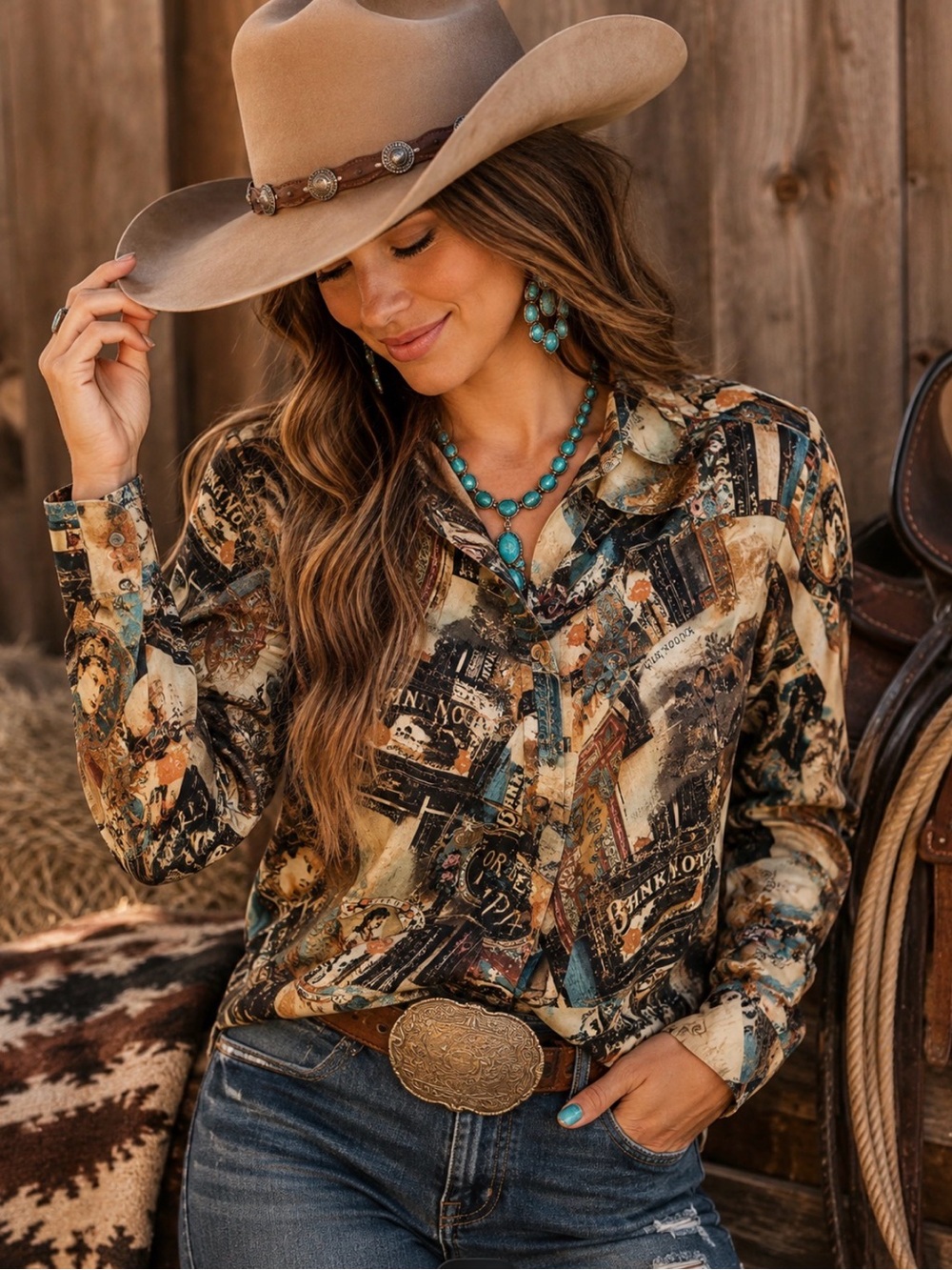 Double D Ranch 100% Silk Multi-Print Western Button-Up Shirt Blouse